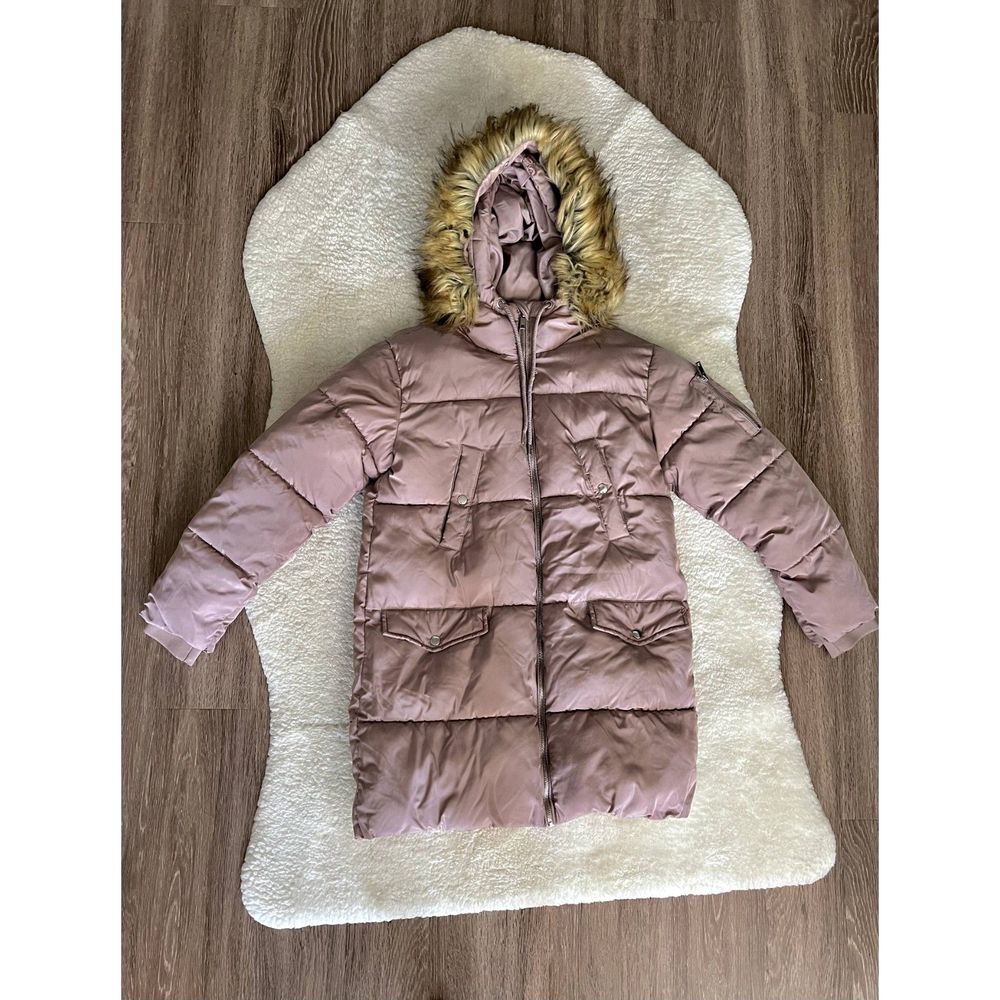Pink Longline Puffer Jacket Fur-Lined Hood Zip-Up